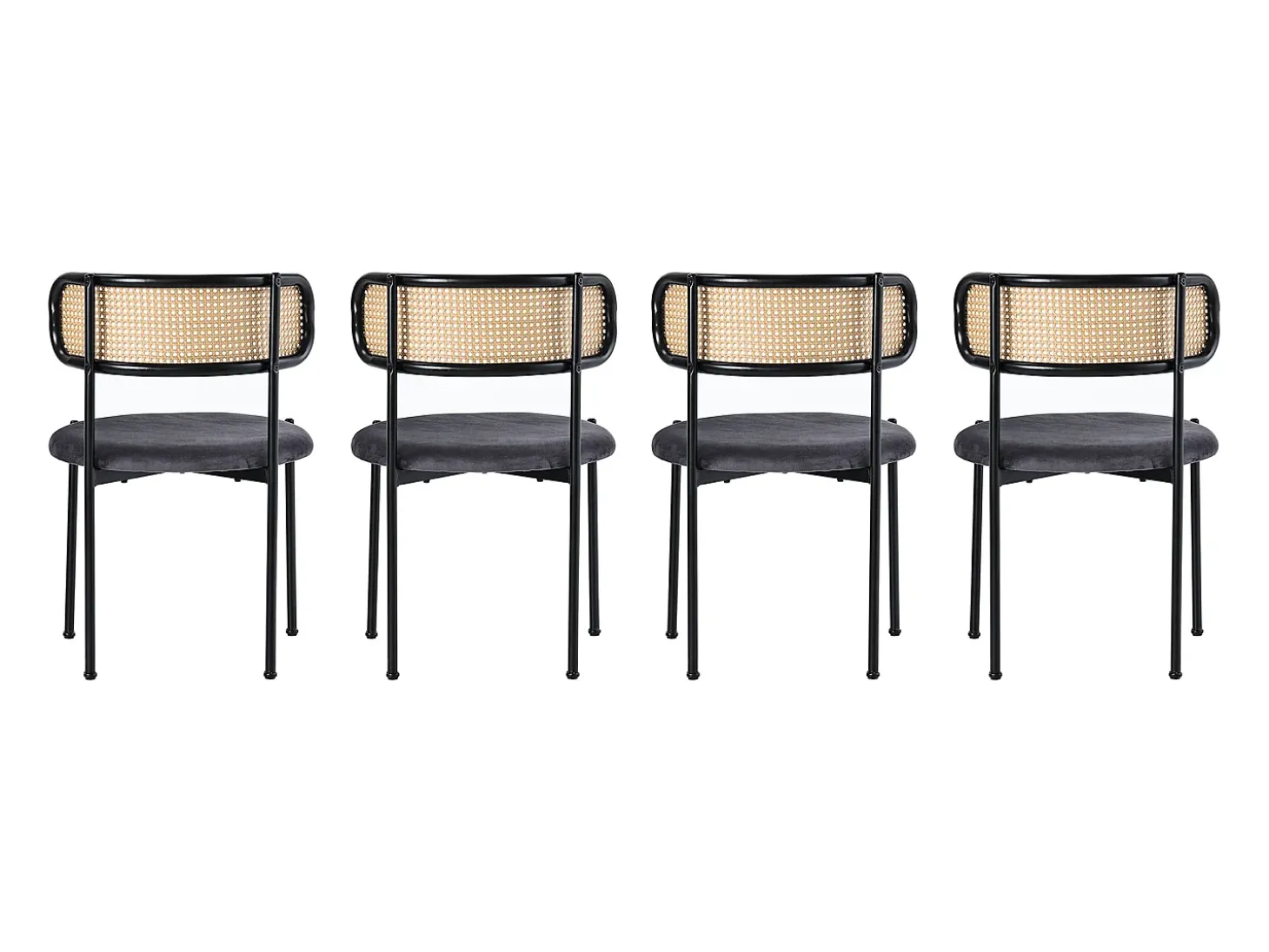 Conjunto de 4 sillas de terciopelo con respaldo de ratán y patas de metal negro - gris
