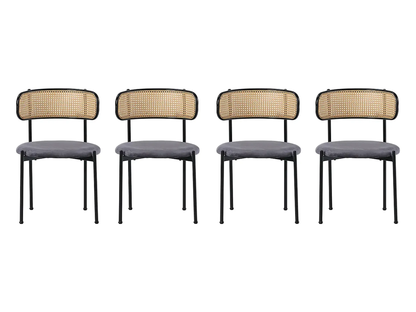 Conjunto de 4 sillas de terciopelo con respaldo de ratán y patas de metal negro - gris