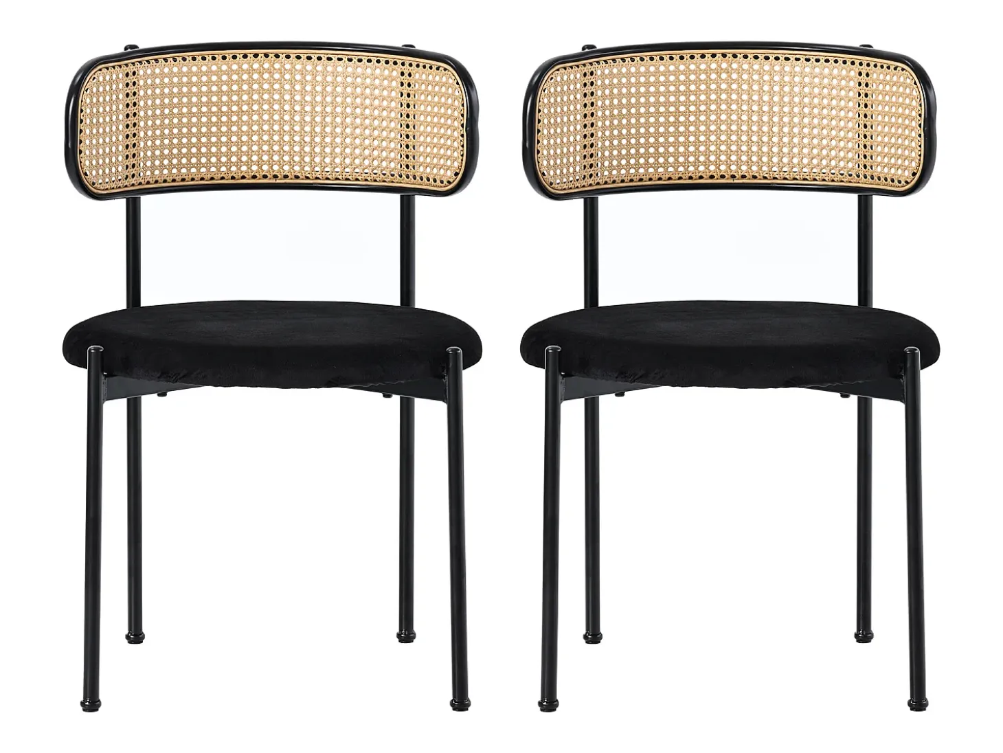 Conjunto de 2 sillas de terciopelo, respaldo de ratán y patas de metal negro - negro