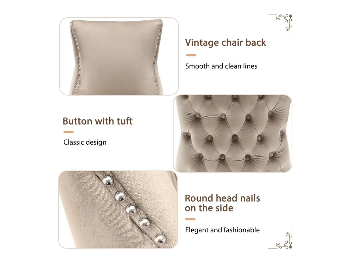 Conjunto de 4 sillas de terciopelo beige - Silla de 4 patas con costura de botones estructura de madera maciza para comedor - 91x50x49cm