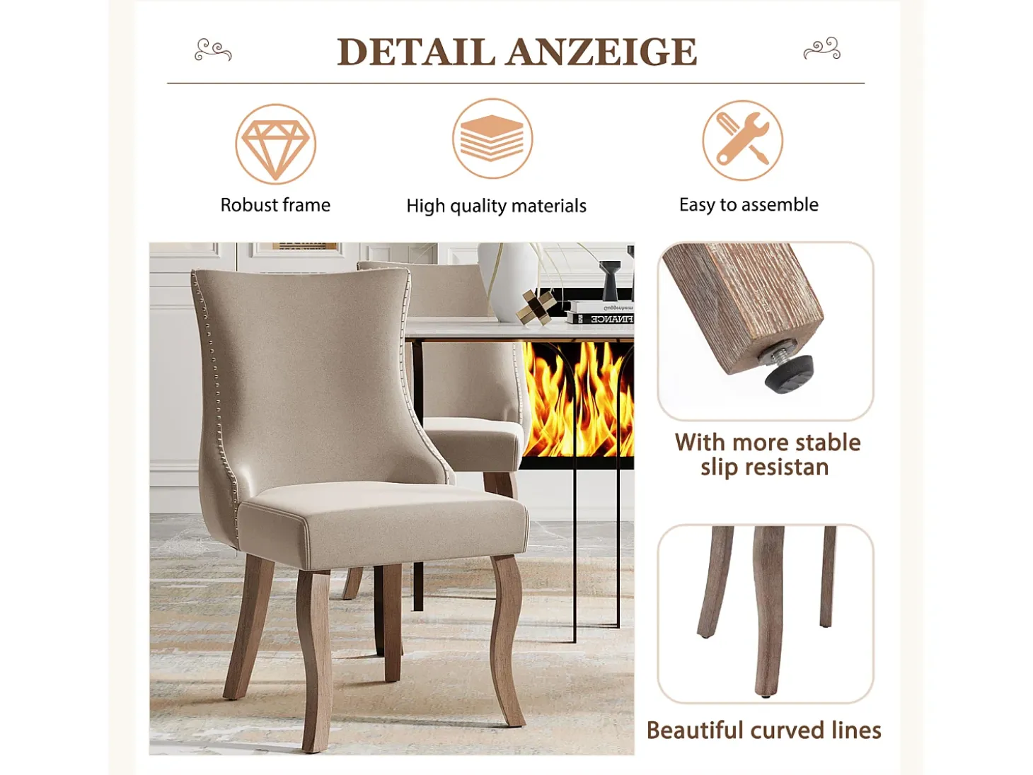 Conjunto de 4 sillas de terciopelo beige - Silla de 4 patas con costura de botones estructura de madera maciza para comedor - 91x50x49cm