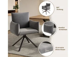 Conjunto de 4 sillas giratorias en terciopelo gris - Patas de metal - Para salón, dormitorio, oficina