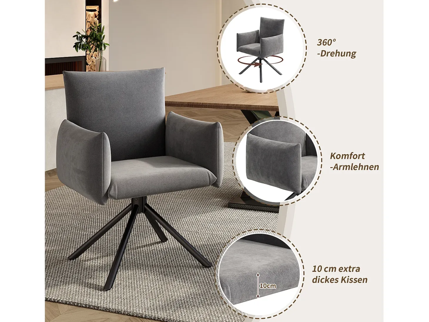 Conjunto de 6 sillas giratorias en terciopelo gris - Patas de metal - Para salón, dormitorio, oficina