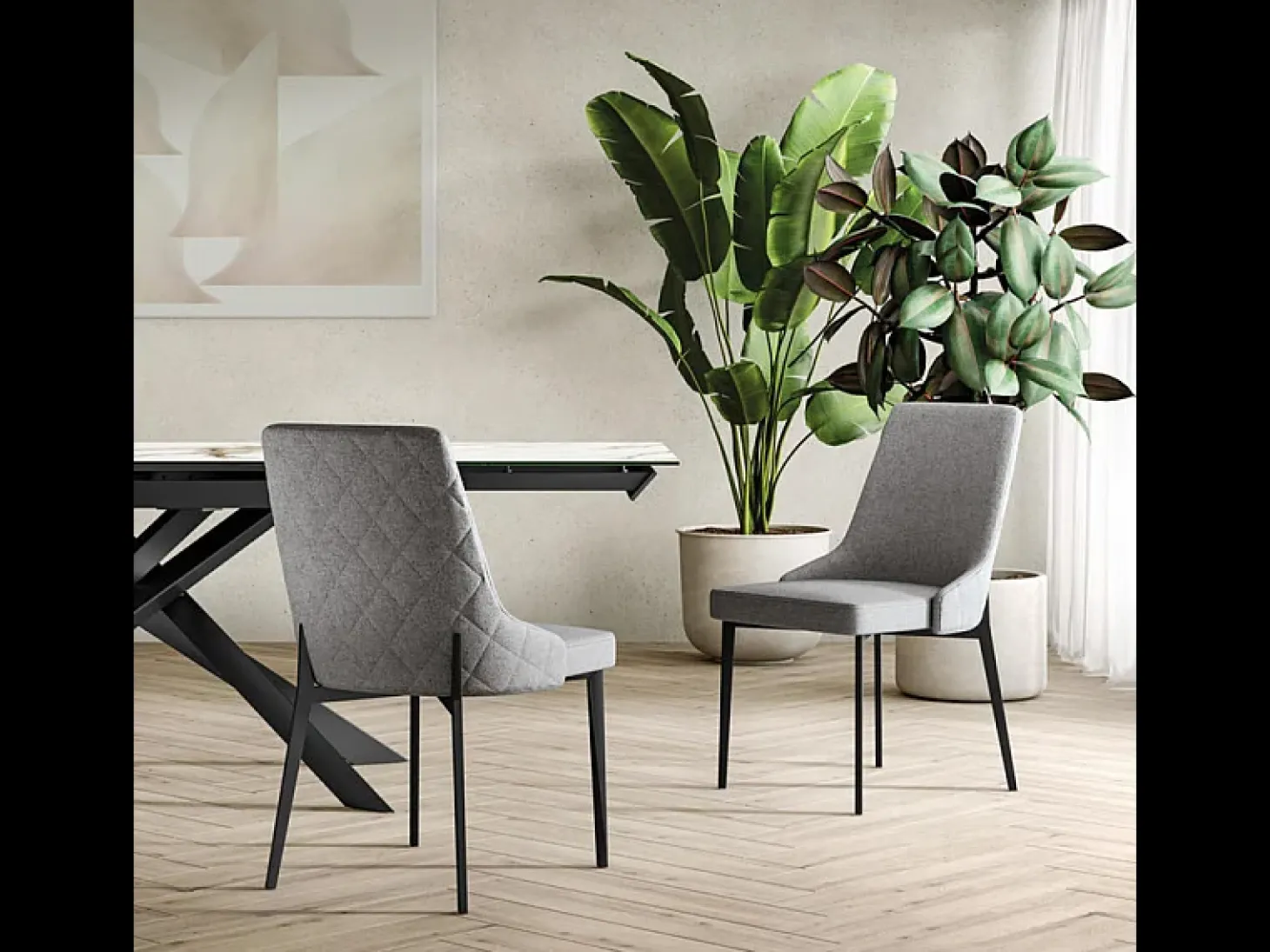 Conjunto de 4 sillas modernas "Venere" en tejido fácil de limpiar, funcionales para salón, 58,5 x 48,5 x 89 cm.