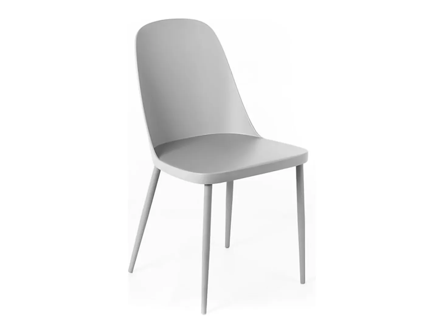 Conjunto de 4 sillas modernas "Paola" en polipropileno gris claro con patas de metal pintado.