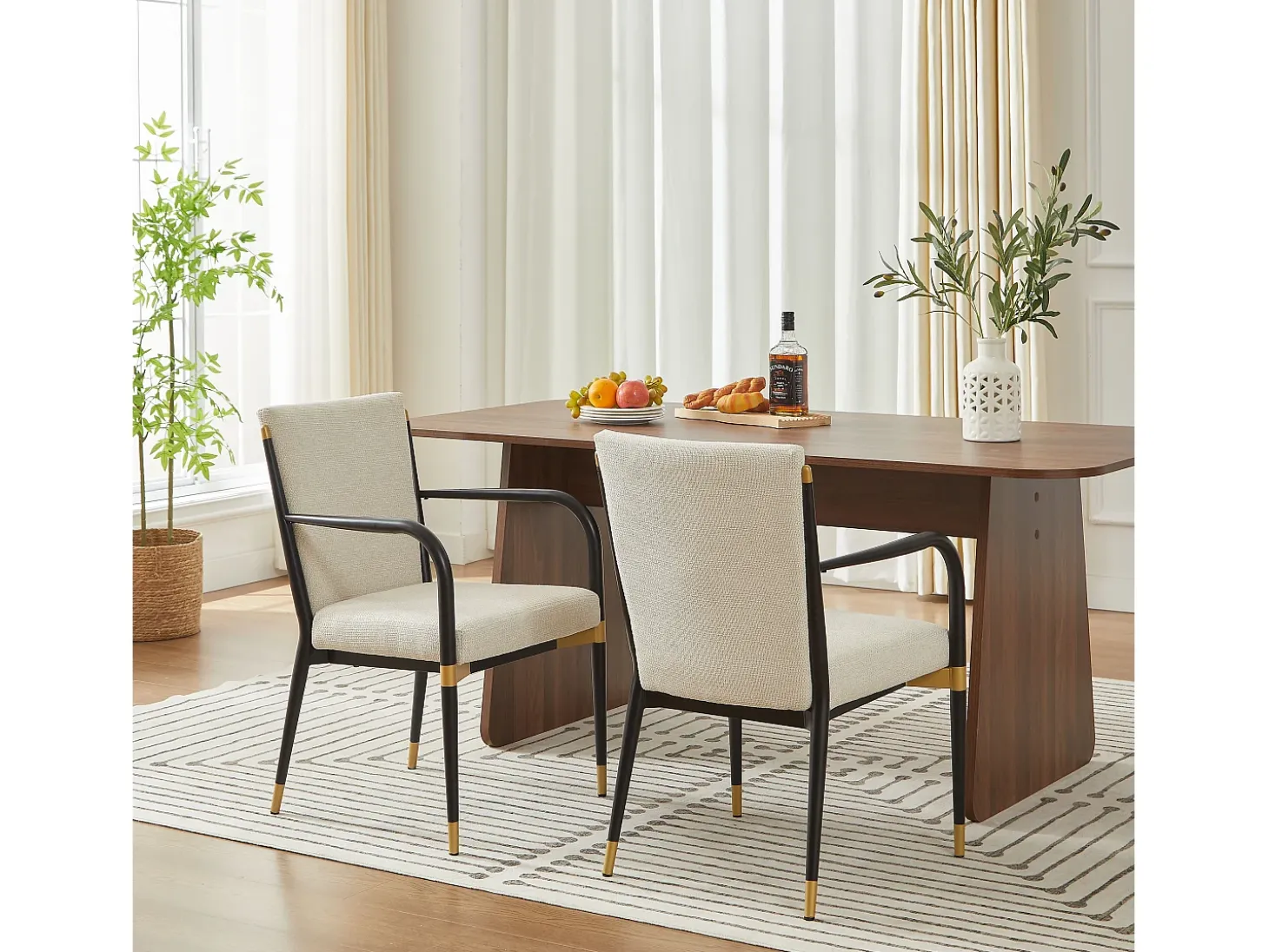 Conjunto de 2 sillones - Estructura negra - Estilo escandinavo - Tela beige