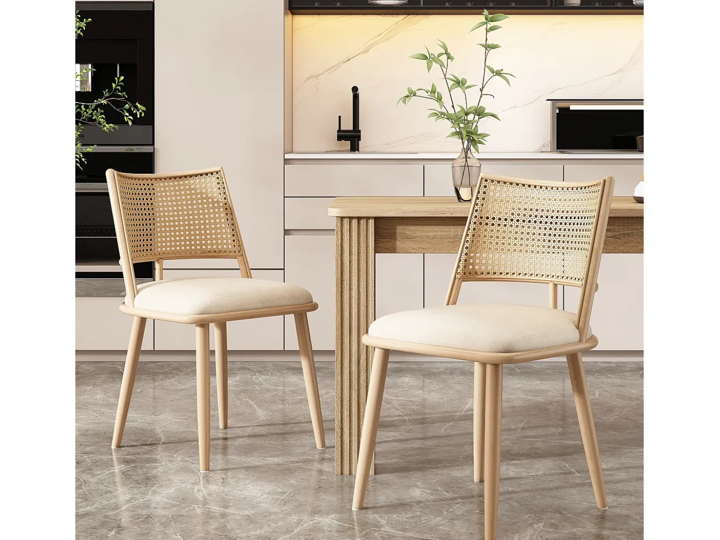 Conjunto de 2 sillones de ratán con asiento acolchado de PU, color beige
