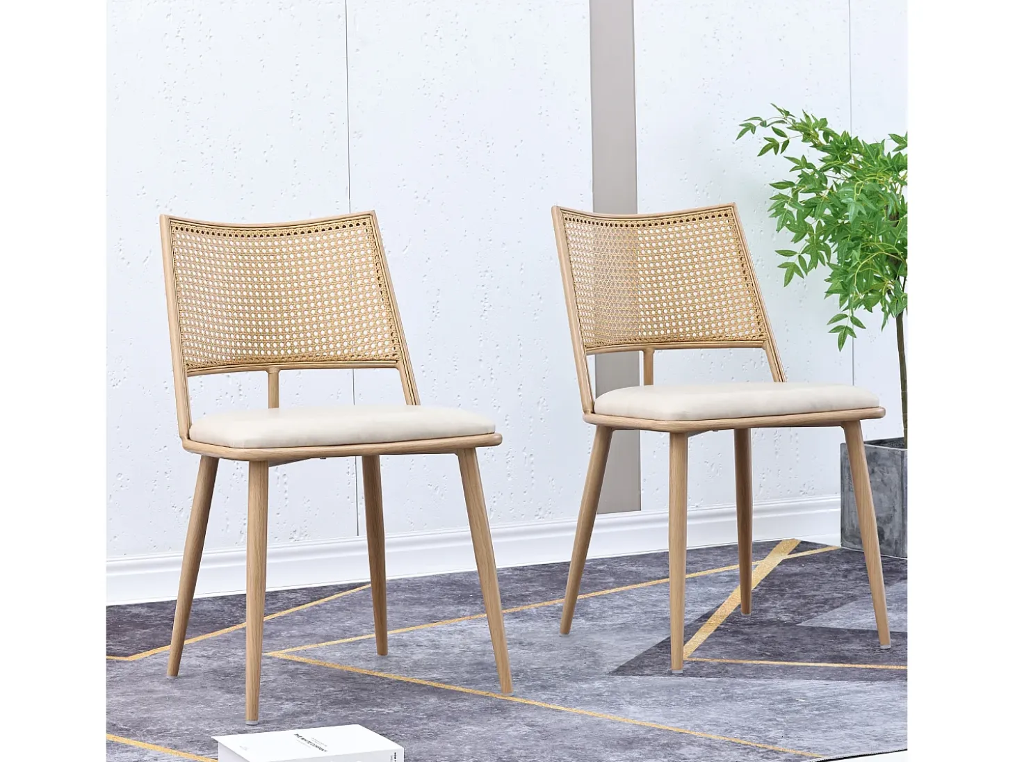 Conjunto de 2 sillones de ratán con asiento acolchado de PU, color beige