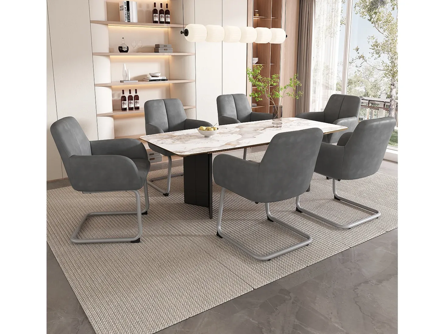 Conjunto de 6 sillones de cuero - 86 x 51 x 45 cm - con patas de acero arqueadas - gris