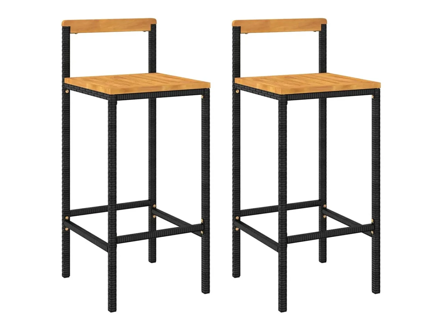 Conjunto de 2 taburetes de bar negros en resina trenzada y madera de acacia.