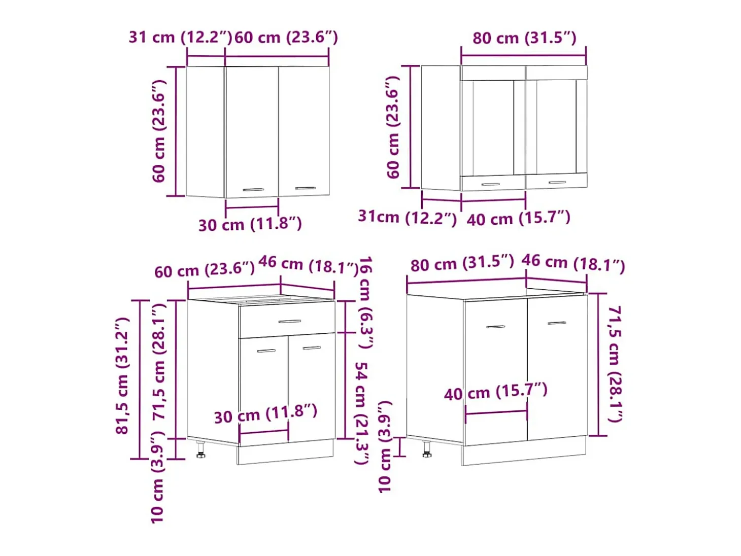 Conjunto de armarios de cocina de 4 piezas "Lyon" de en madera de ingeniería de roble artesanal
