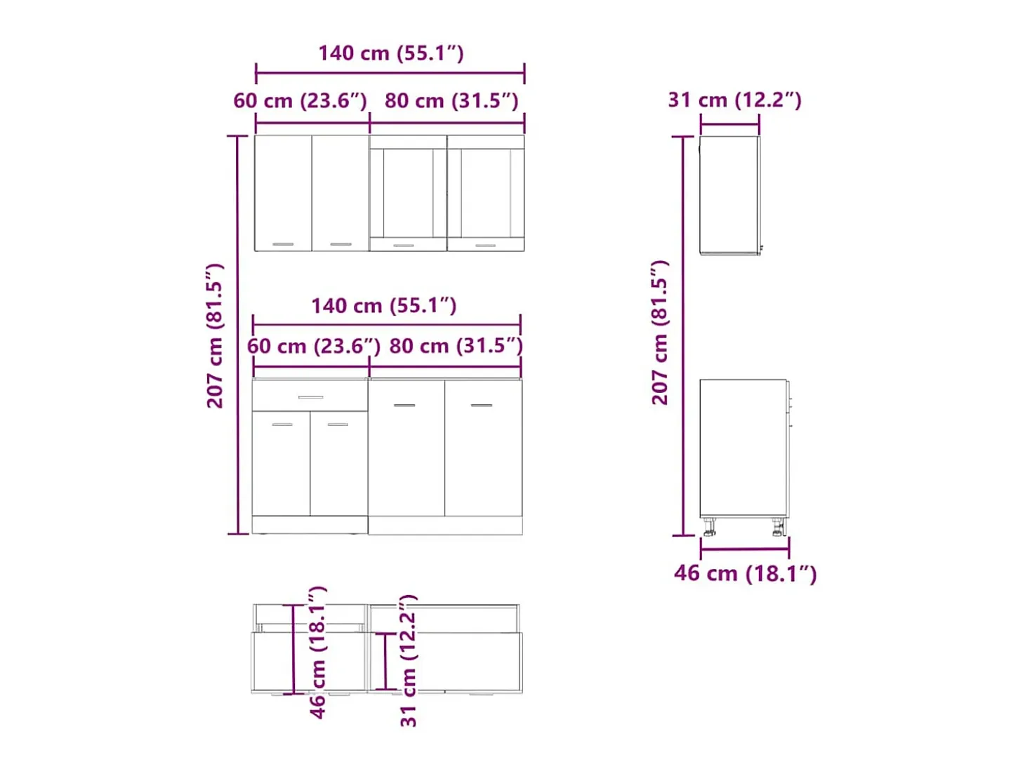 Conjunto de armarios de cocina de 4 piezas "Lyon" de en madera de ingeniería de roble artesanal