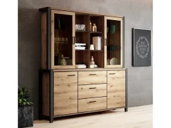 Conjunto de bufé y alacena con iluminación LED colección TIVORA. Mueble de 4 puertas, 3 cajones. Color roble y negro.