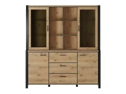 Conjunto de bufé y alacena con iluminación LED colección TIVORA. Mueble de 4 puertas, 3 cajones. Color roble y negro.
