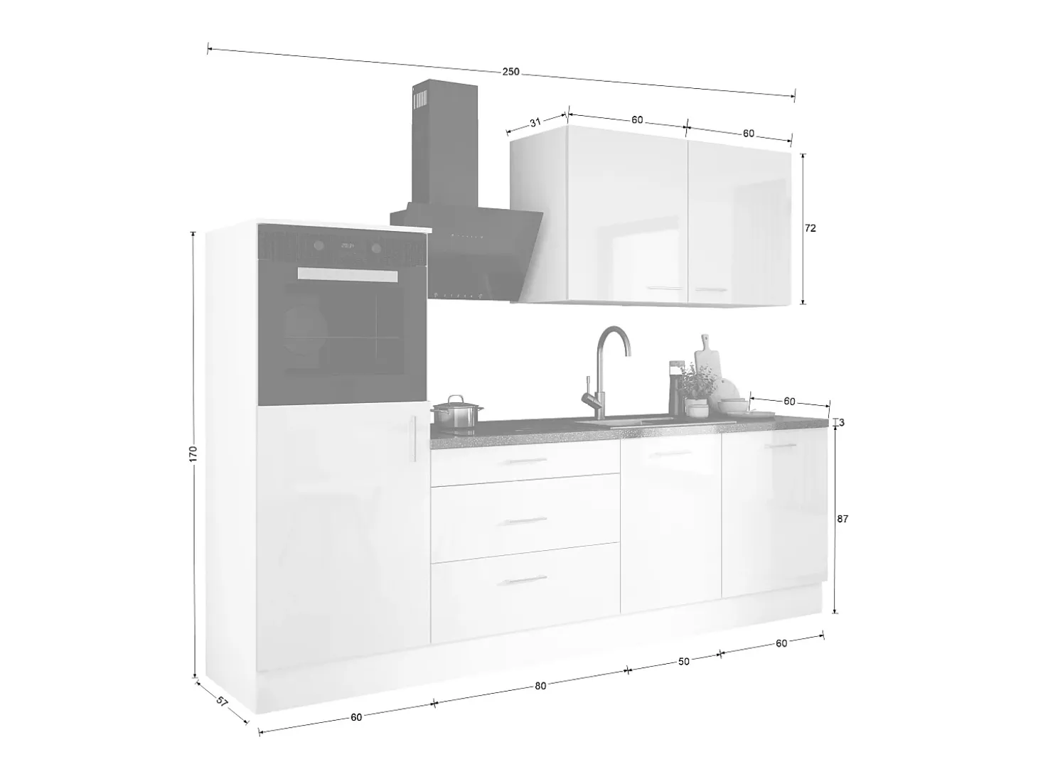 Conjunto de cocina: Blanco Mate, Gris Hielo, dimensiones: ancho: 250 cm, alto: 220 cm, fondo: 60 cm