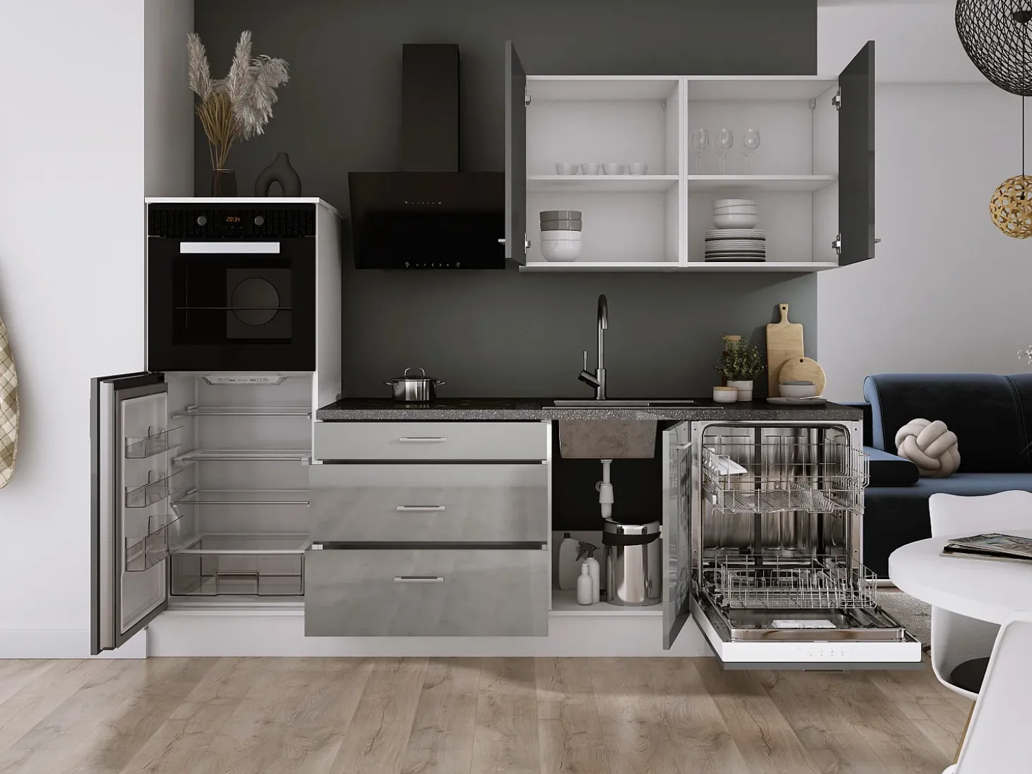 Conjunto de cocina: Blanco Mate, Gris Brillo, dimensiones: ancho: 250 cm, alto: 220 cm, fondo: 60 cm