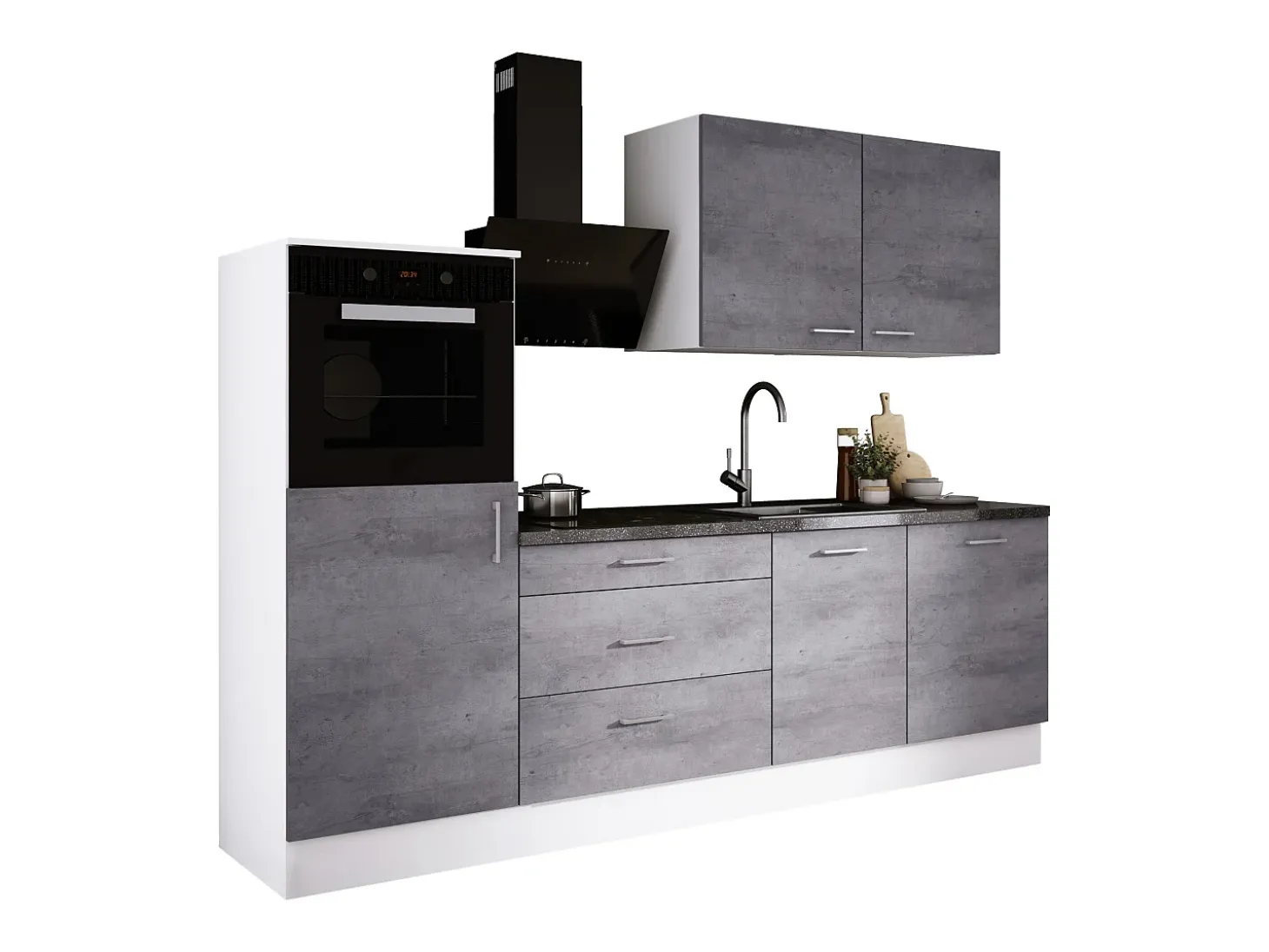Conjunto de cocina: Blanco Mate, Hormigón, dimensiones: ancho: 250 cm, alto: 220 cm, fondo: 60 cm