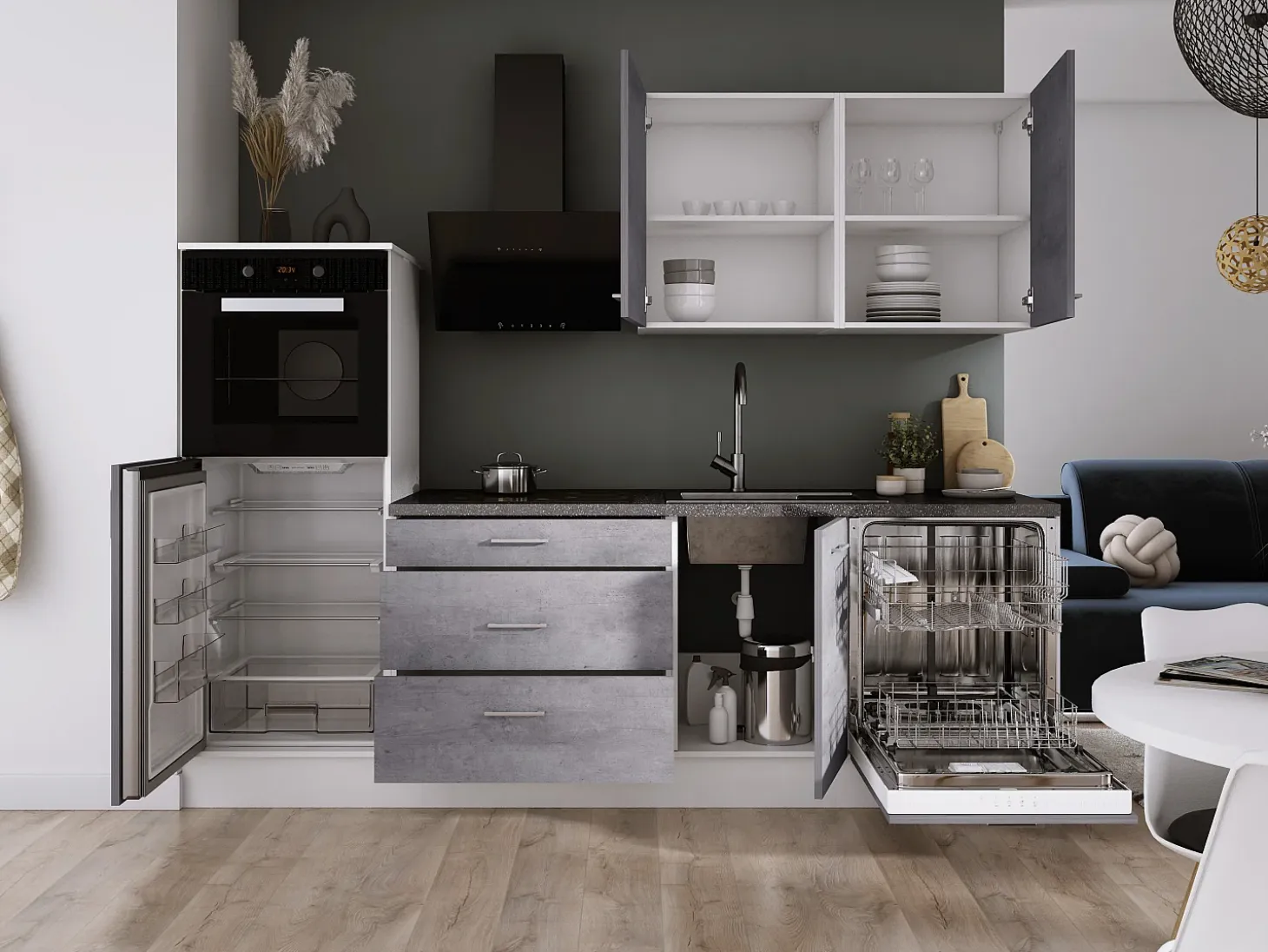 Conjunto de cocina: Blanco Mate, Hormigón, dimensiones: ancho: 250 cm, alto: 220 cm, fondo: 60 cm