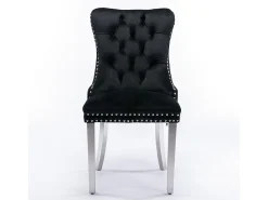 Conjunto de dos sillas de comedor de terciopelo, con patas de acero inoxidable cromado y tapizado con tachuelas, negro.