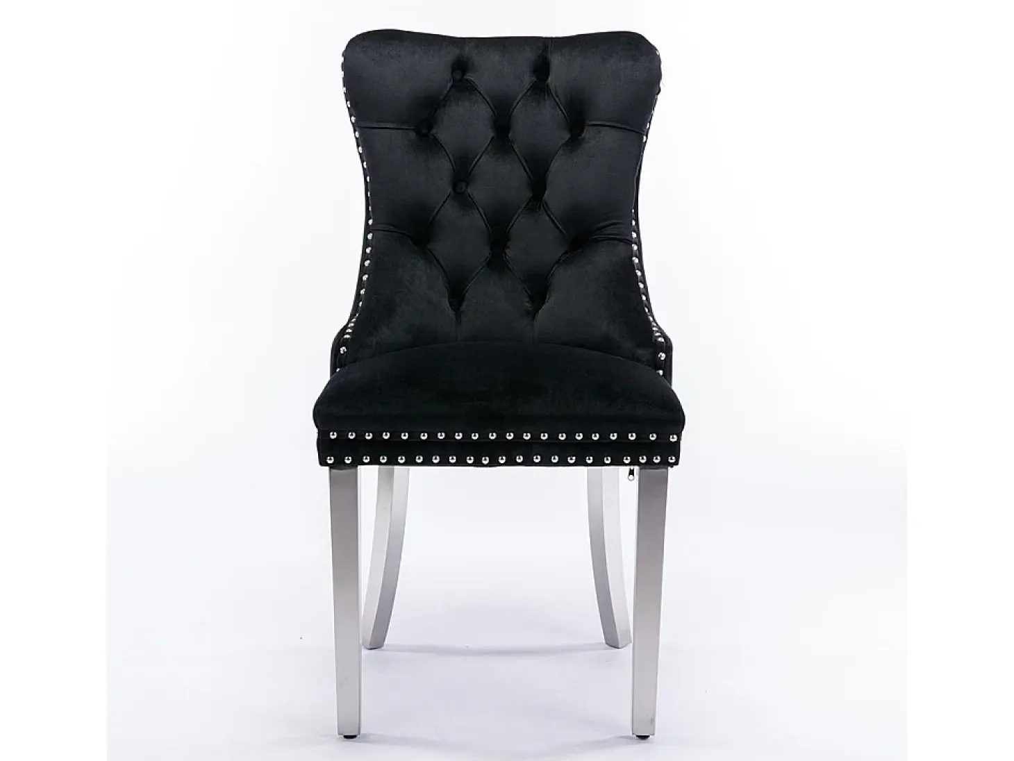 Conjunto de dos sillas de comedor de terciopelo, con patas de acero inoxidable cromado y tapizado con tachuelas, negro.