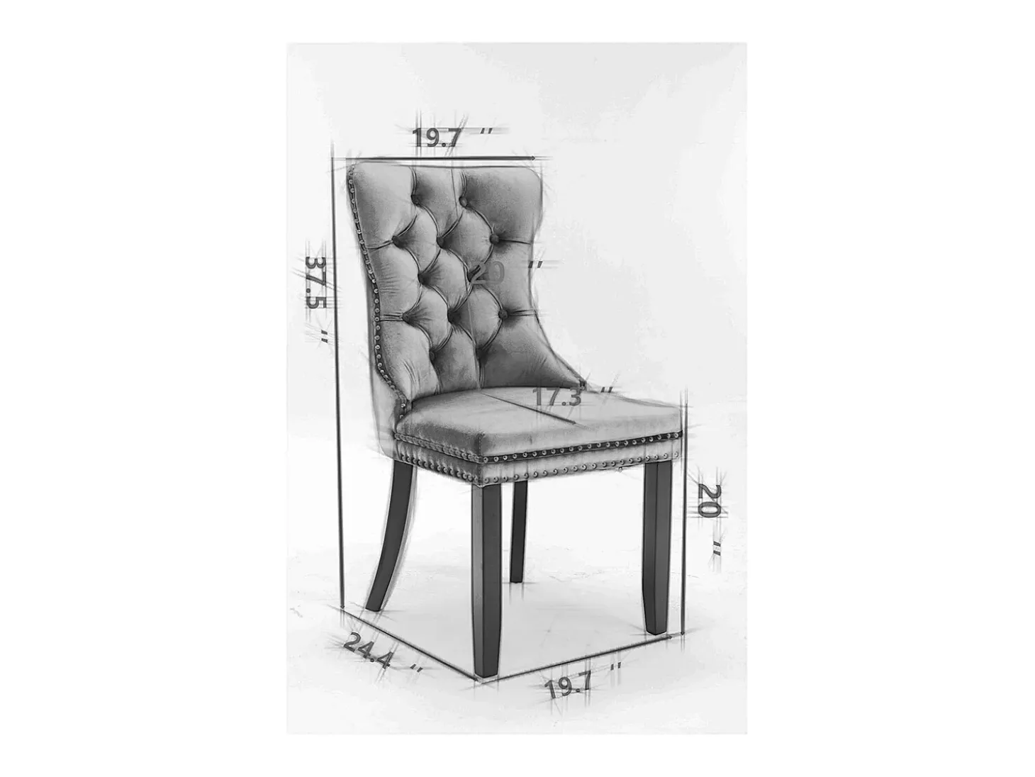 Conjunto de dos sillas de comedor de terciopelo, con patas de acero inoxidable cromado y tapizado con tachuelas, negro.