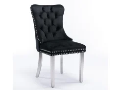 Conjunto de dos sillas de comedor de terciopelo, con patas de acero inoxidable cromado y tapizado con tachuelas, negro.