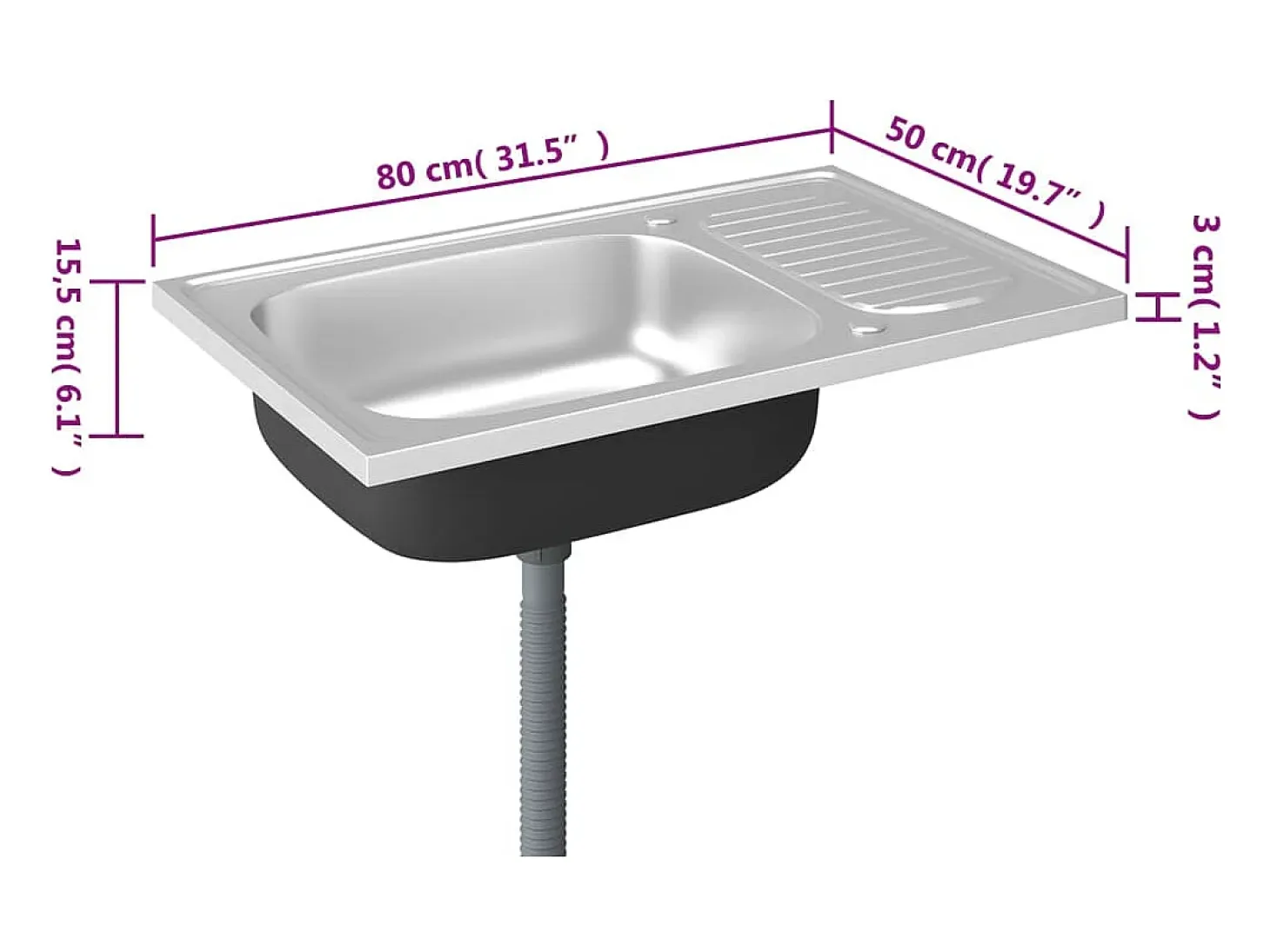 Conjunto de fregadero y escurridor de cocina plata 800x500x155 mm acero inoxidable
