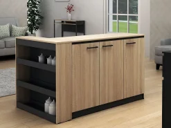 Conjunto de isla de cocina + 2 taburetes - Negro y Natural Claro - NUSICE