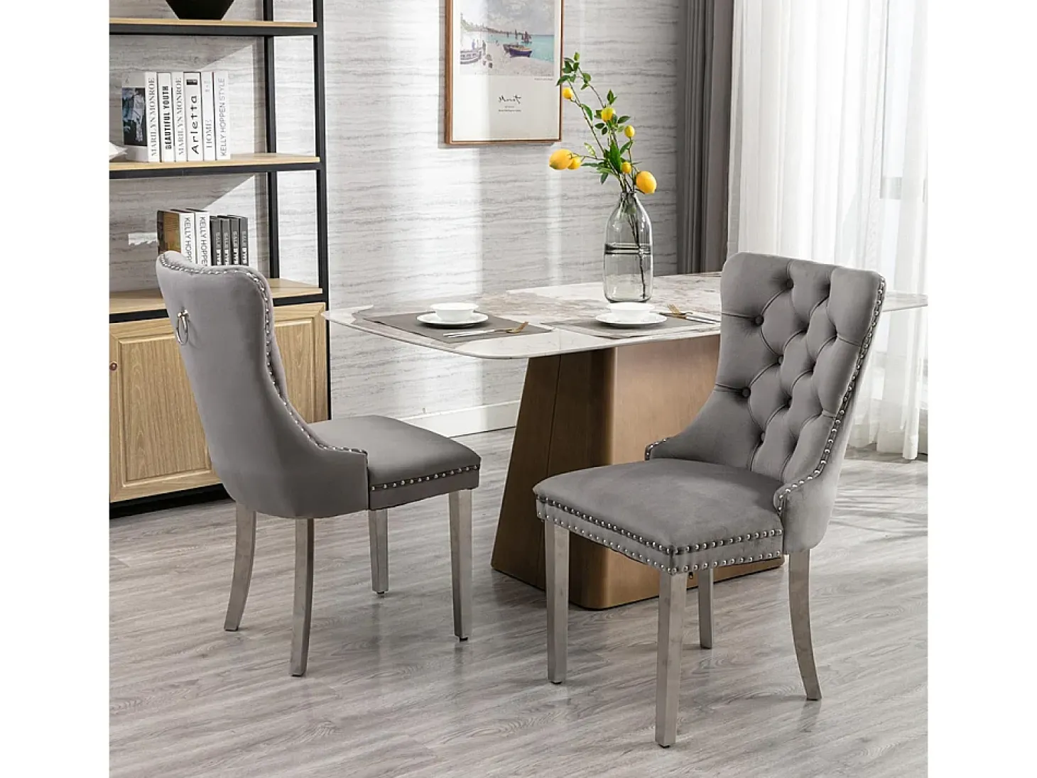 Conjunto de sillas de comedor de terciopelo, diseño contemporáneo de alta gama acolchado, madera maciza, gris