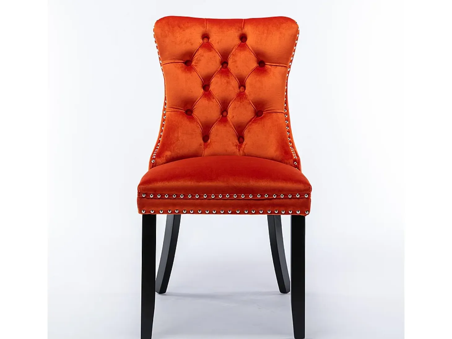 Conjunto de sillas de comedor, con patas de madera y tapizado con tachuelas, revestimiento de terciopelo, estructura de madera maciza, naranja