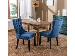 Conjunto de sillas de comedor, con patas de madera y tapizado con tachuelas, revestimiento de terciopelo, estructura de madera maciza, azul