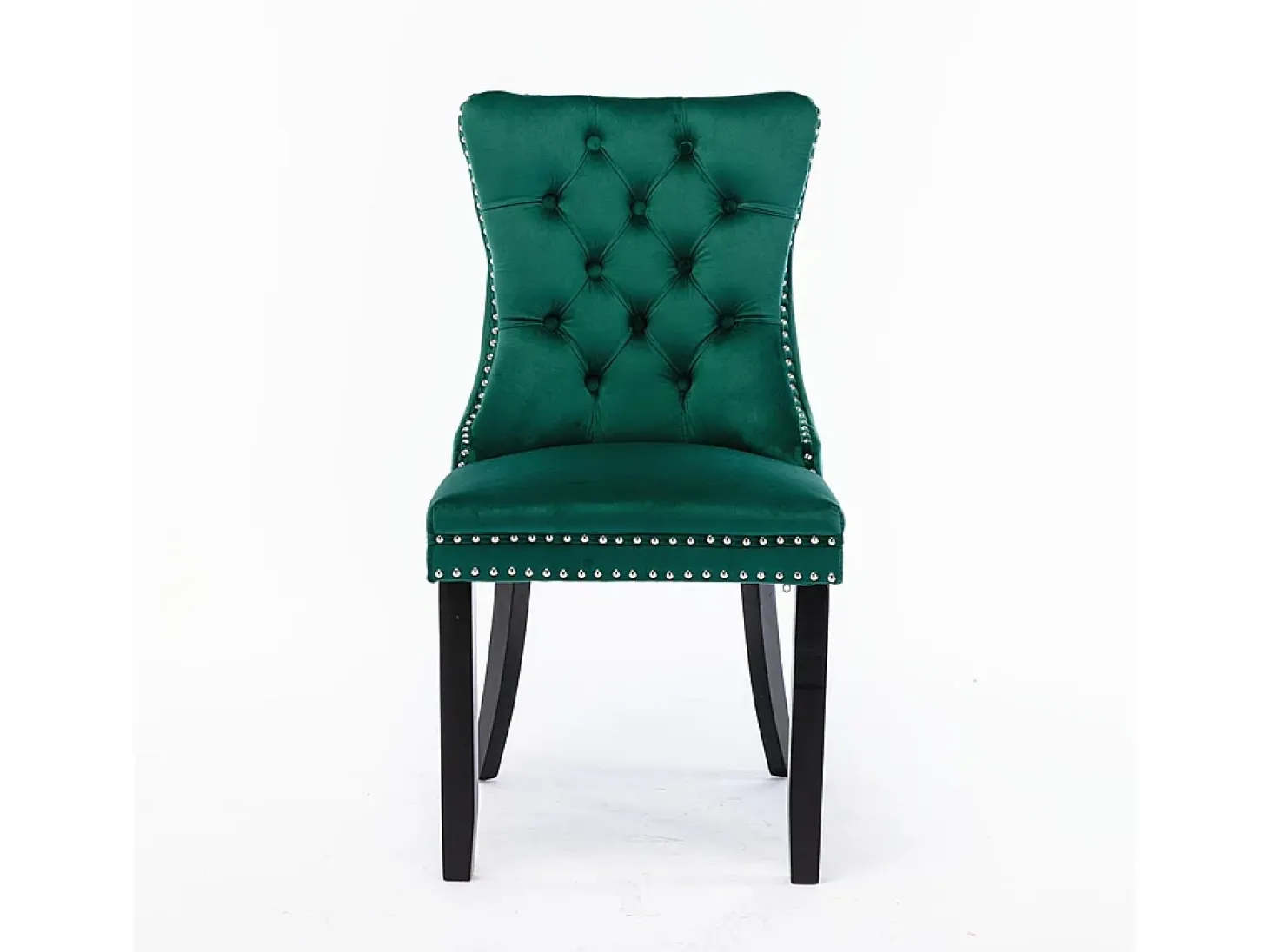 Conjunto de sillas de comedor, con patas de madera y adornos de tachuelas, tapizado de terciopelo, estructura de madera maciza, verde