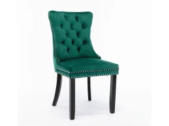 Conjunto de sillas de comedor, con patas de madera y adornos de tachuelas, tapizado de terciopelo, estructura de madera maciza, verde