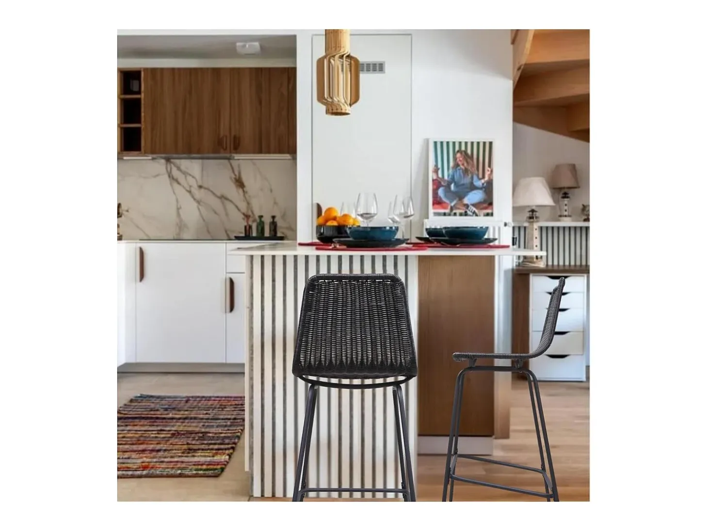 Conjunto taburetes de bar BALI de metal de 65 cm con asiento de ratán