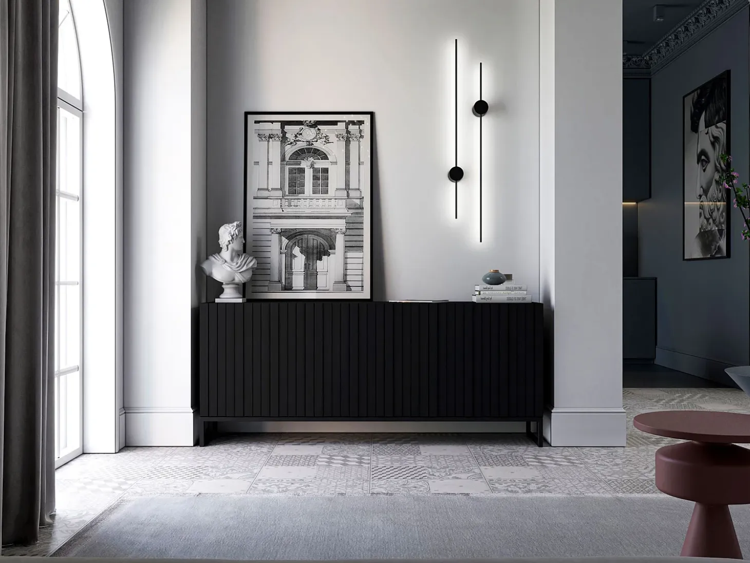 Credenza con 3 ante – corpo Nero opaco, frontali scanalati Nero opaco – 168 cm, struttura in metallo nero