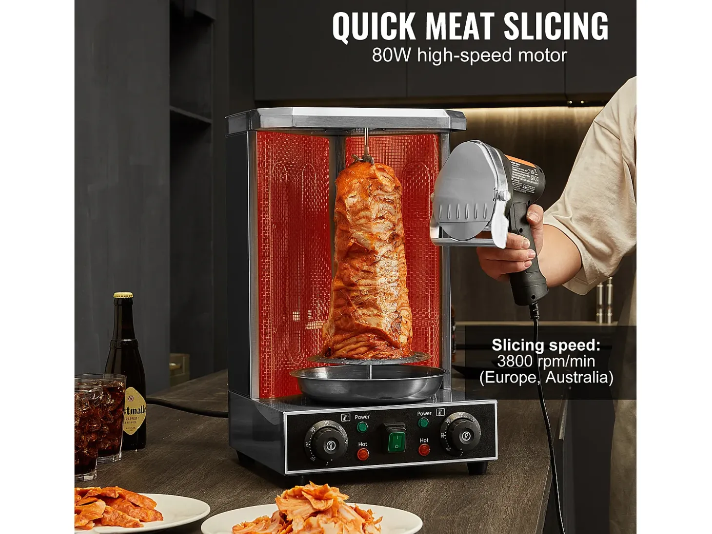 Cuchillo Shawarma Eléctrico SucceBuy, Cortadora Giratoria de Acero Inoxidable, 2 Cuchillas, Grosor Ajustable de 0 a 8 mm, para Rebanar Doner Kebab Comercial