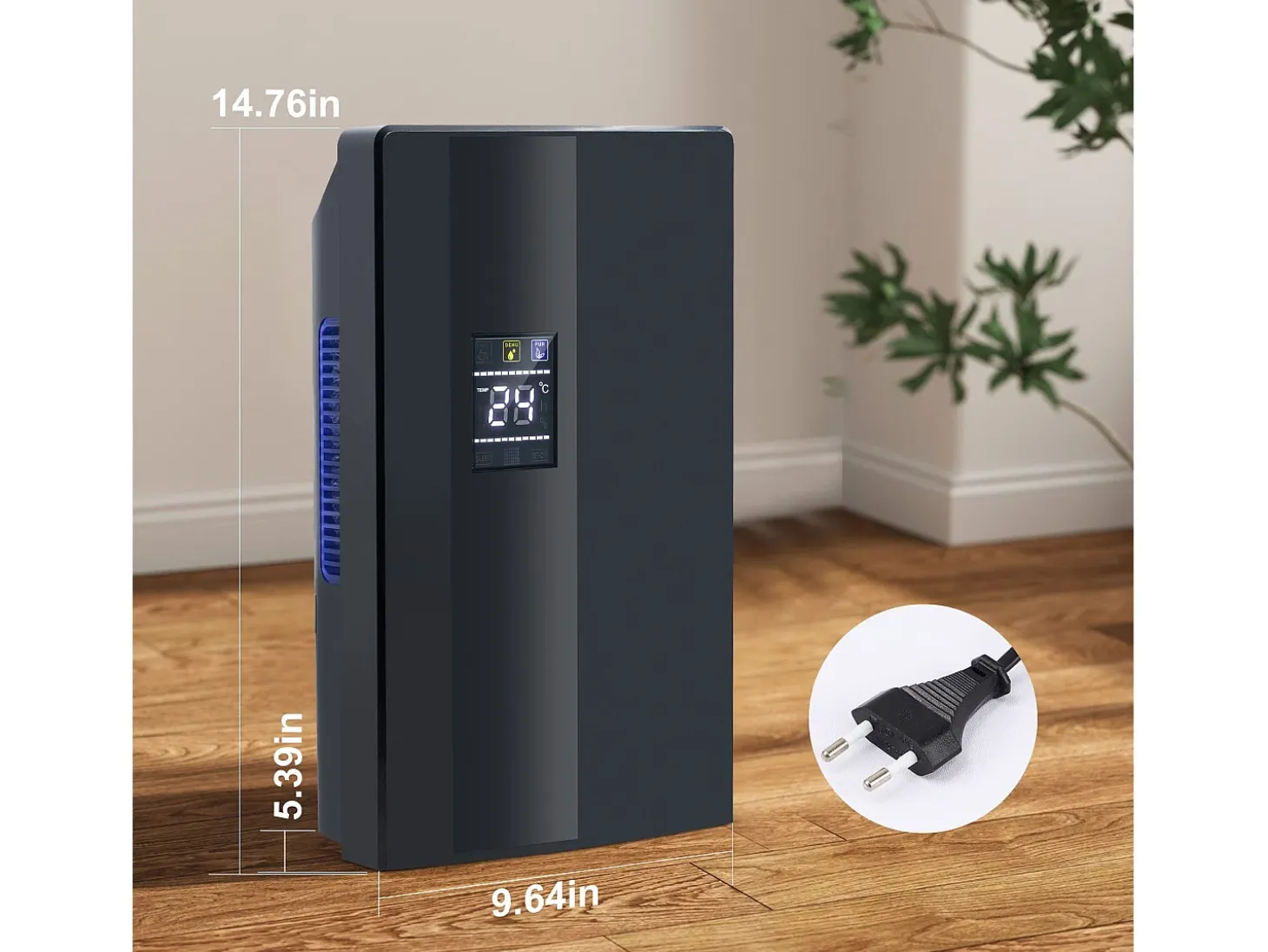 Deshumidificador de 2000 ml con control remoto, temporizador de 24 h, limpieza UV y modo de suspensión (negro)