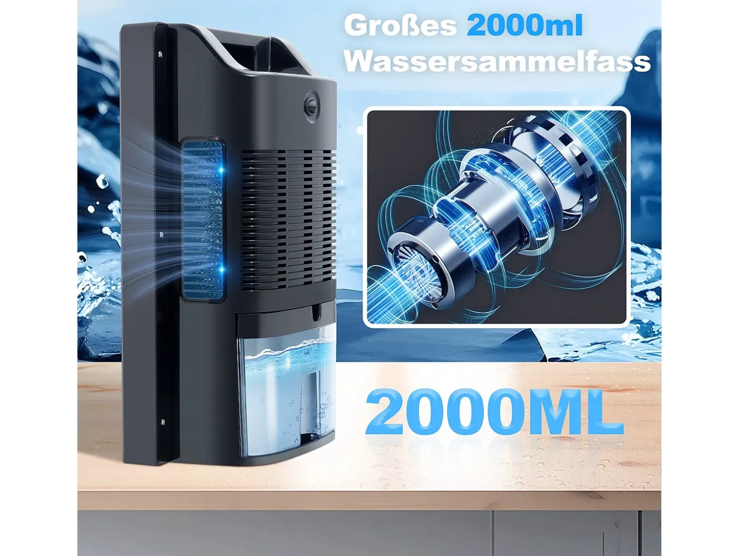 Deshumidificador de 2000 ml con control remoto, temporizador de 24 h, limpieza UV y modo de suspensión (negro)