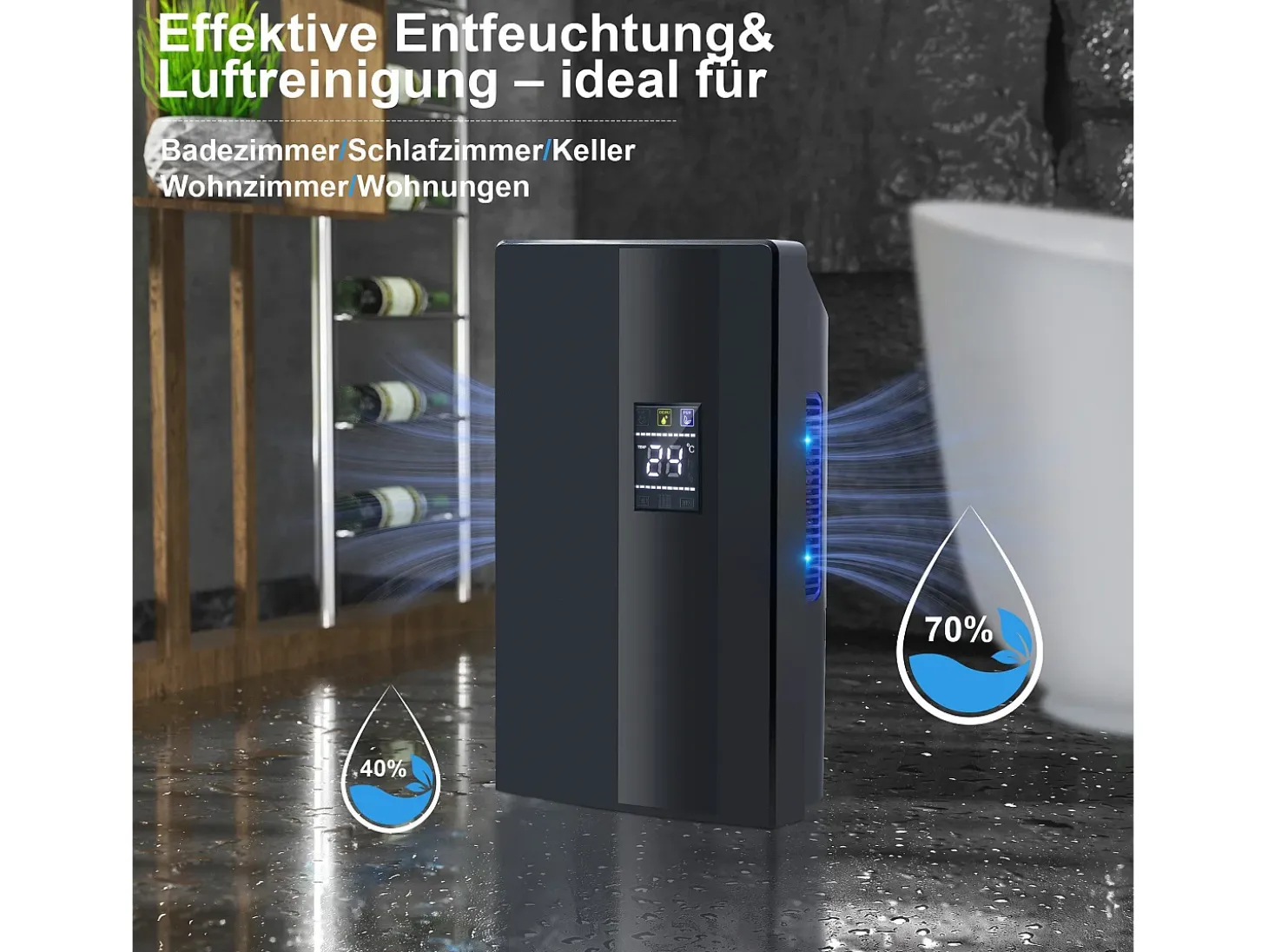 Deshumidificador de 2000 ml con control remoto, temporizador de 24 h, limpieza UV y modo de suspensión (negro)