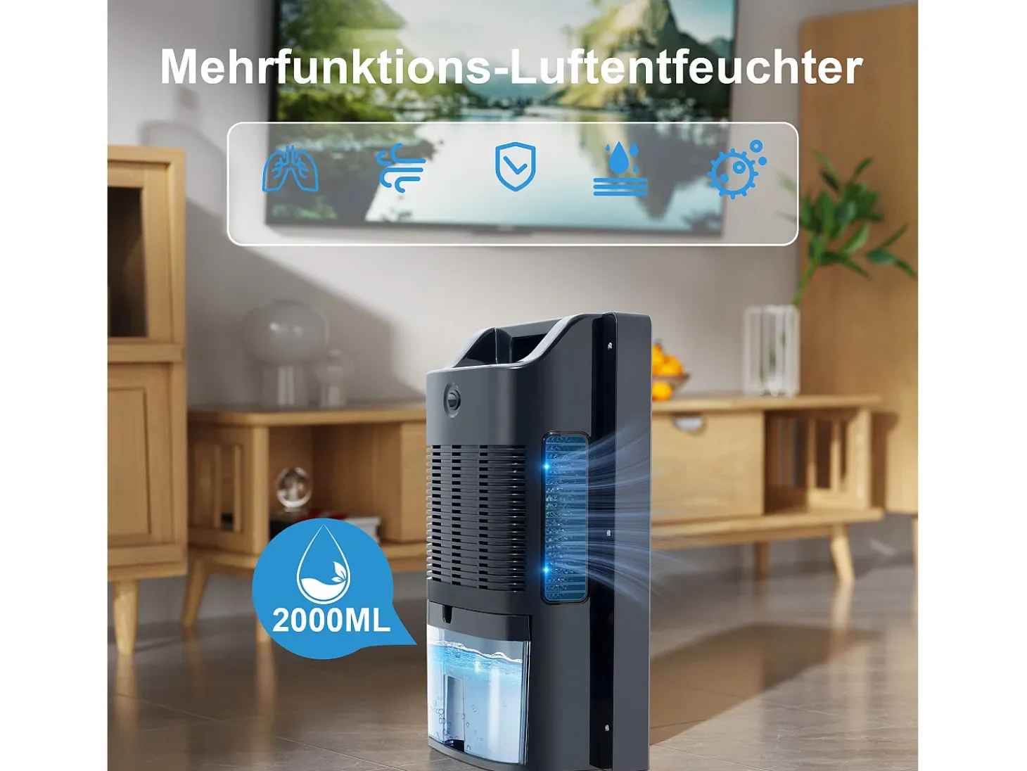 Deshumidificador de 2000 ml con control remoto, temporizador de 24 h, limpieza UV y modo de suspensión (negro)
