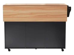 Desserte negro - Îlot de cuisine con 2 puertas y 2 cajones - toallero y 5 ruedas - tablero plegable