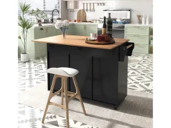 Desserte negro - Îlot de cuisine con 2 puertas y 2 cajones - toallero y 5 ruedas - tablero plegable