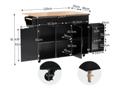 Desserte negro - Îlot de cuisine con 2 puertas y 2 cajones - toallero y 5 ruedas - tablero plegable
