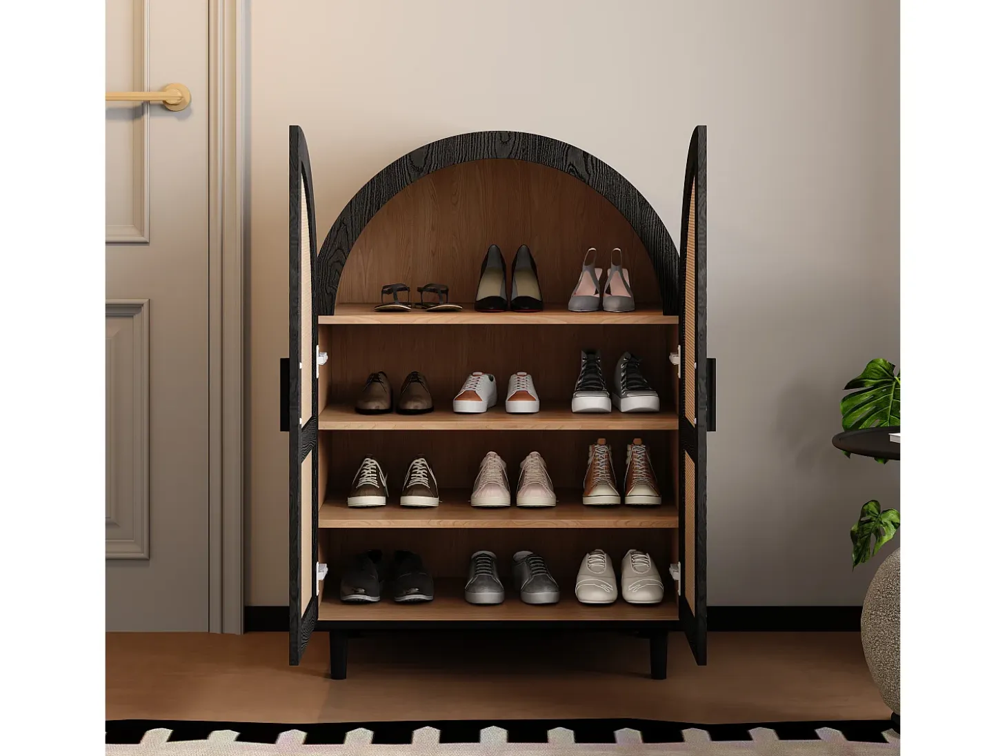 Elegante aparador con puertas de ratán, tres estantes, madera y MDF negro (70x40x100 cm)