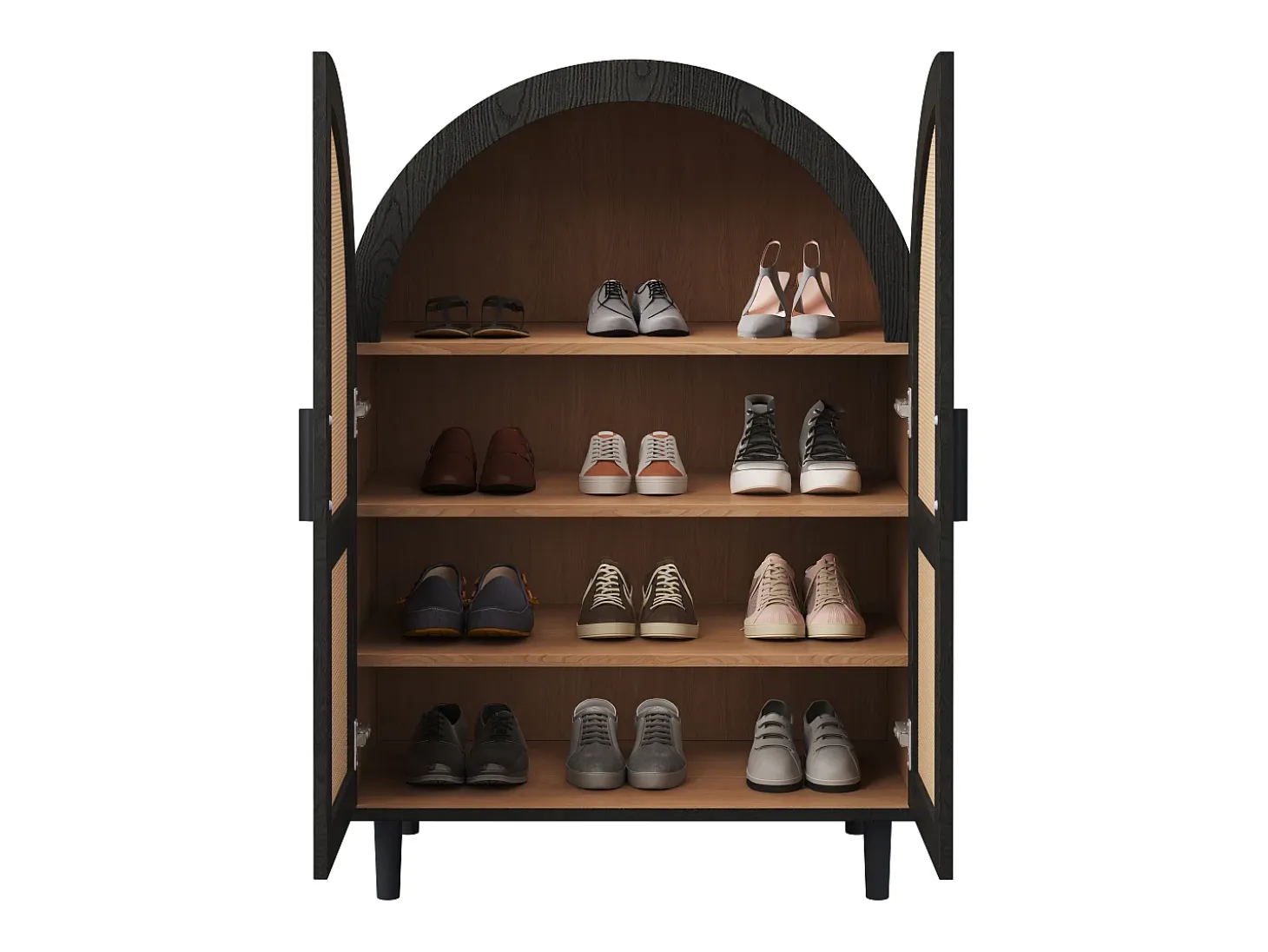Elegante aparador con puertas de ratán, tres estantes, madera y MDF negro (70x40x100 cm)