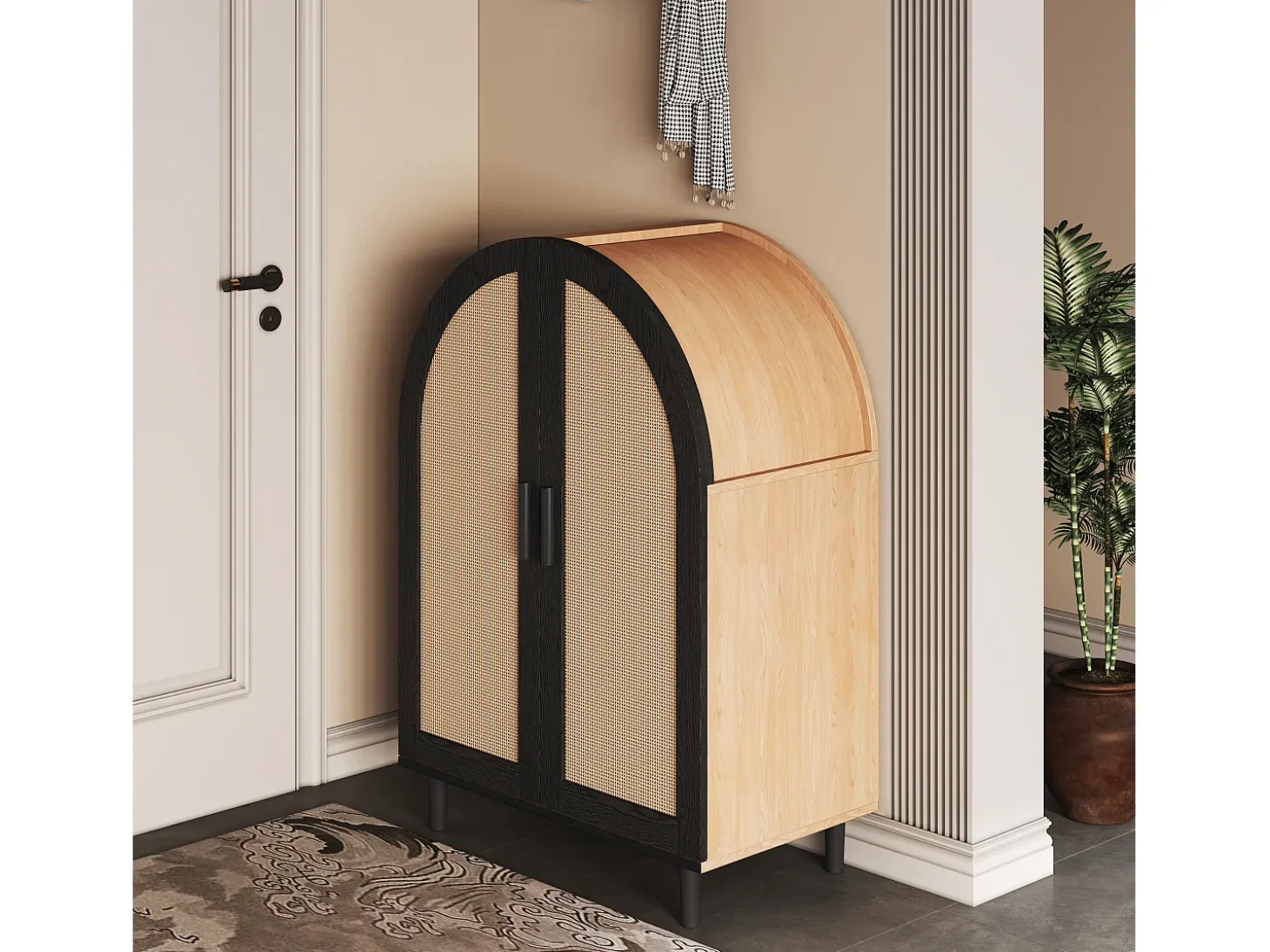 Elegante aparador con puertas de ratán, tres estantes, madera y MDF negro (70x40x100 cm)