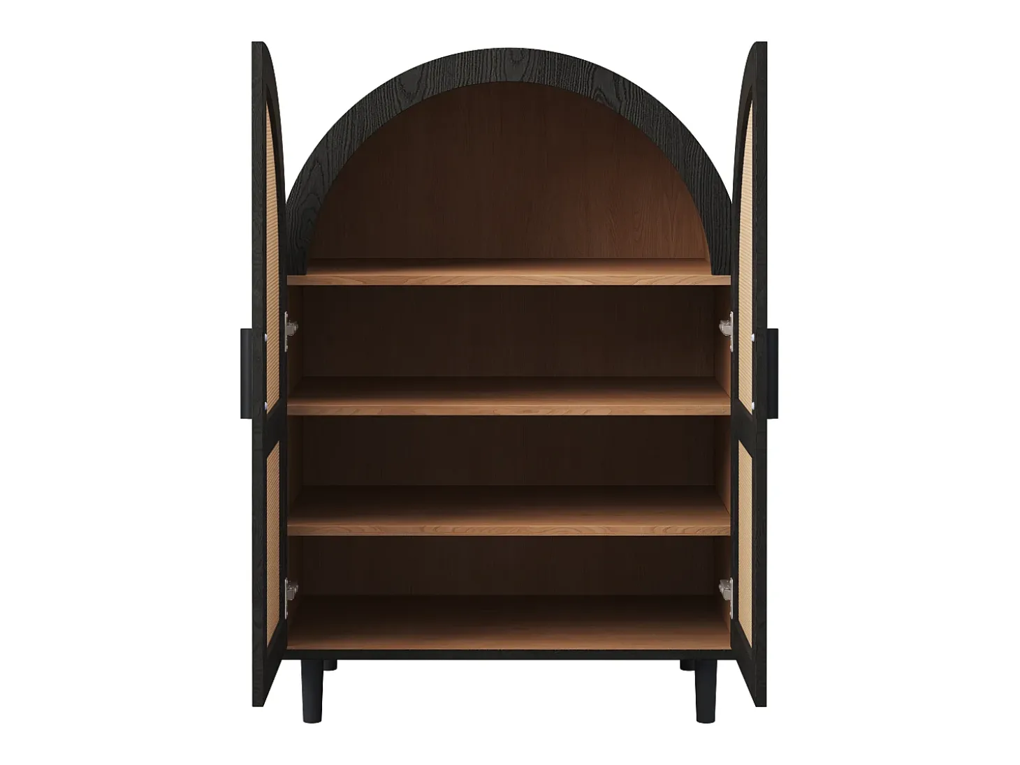 Elegante aparador con puertas de ratán, tres estantes, madera y MDF negro (70x40x100 cm)