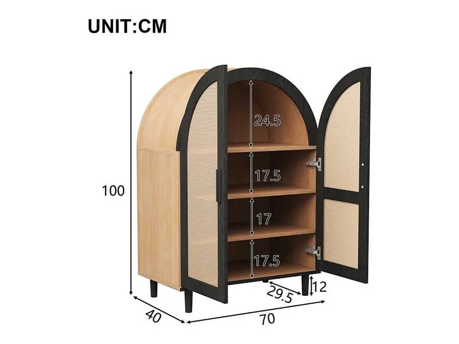 Elegante aparador con puertas de ratán, tres estantes, madera y MDF negro (70x40x100 cm)