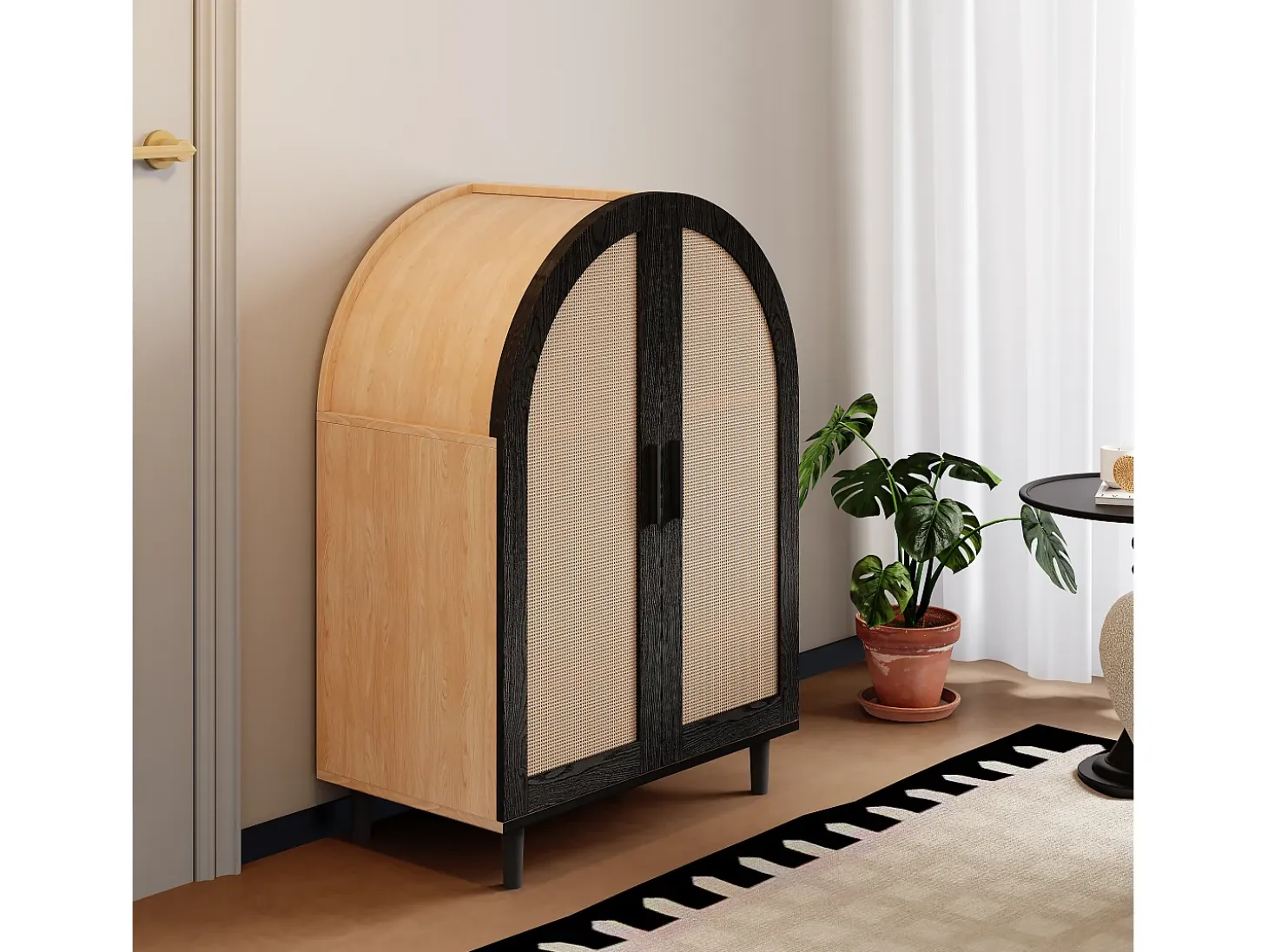 Elegante aparador con puertas de ratán, tres estantes, madera y MDF negro (70x40x100 cm)