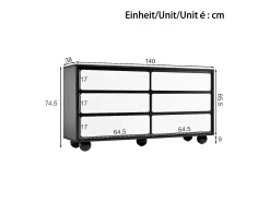 Elegante aparador/cómoda de 6 cajones - 140 x 38 x 74,5 cm - tocador moderno - aglomerado - negro + blanco